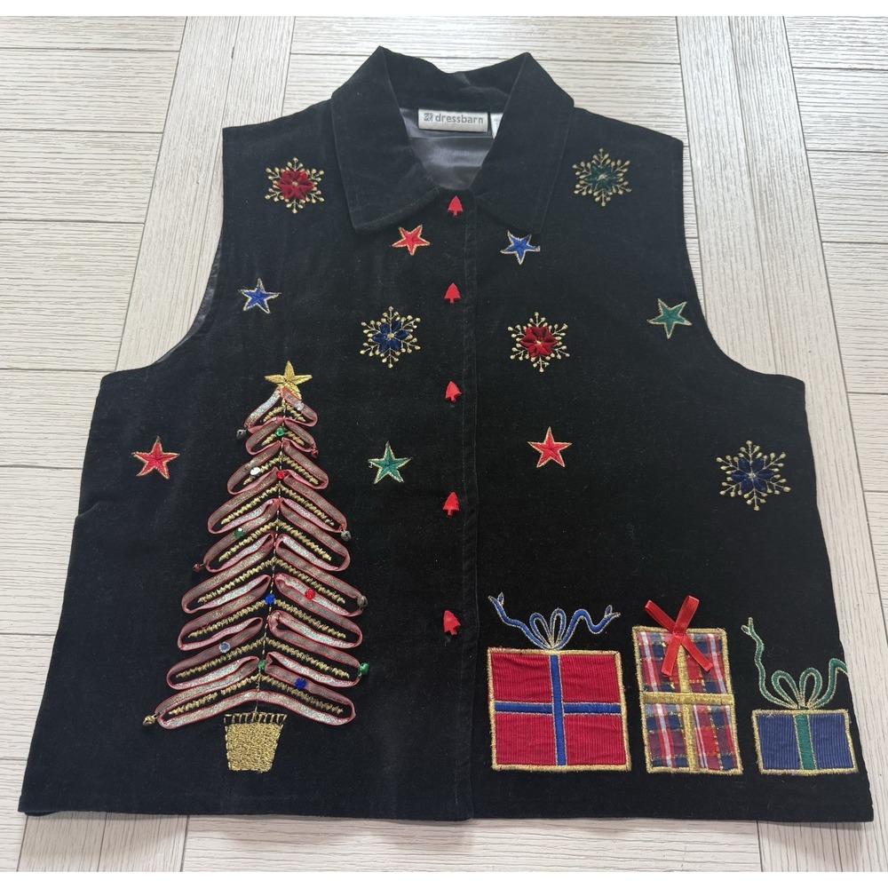 Vtg Dressbarn Holiday Christmas Velvet Vest Jungle Bells Festive Button Up Sz L